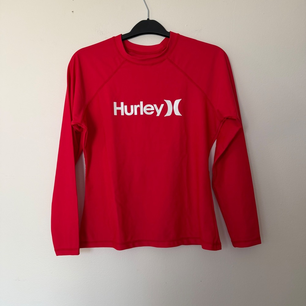 Hurley Womens Red Long Sleeve Rash Guard UPF 50+ Logo Swim Shirt Size Medium